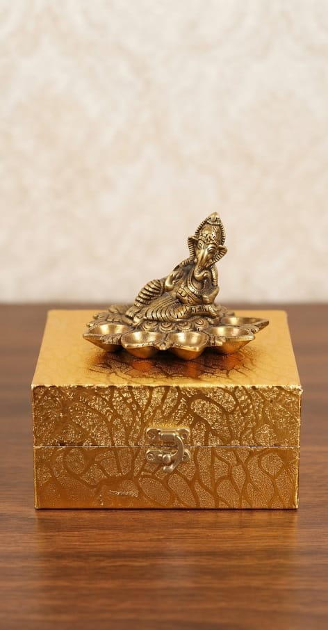 Pure Brass Finish Lord Ganesha 5-Batti Diya Stand with Velvet Gift Box - Traditional Antique Gold Blessing Ganpati Panch Mukhi Oil Lamp for Pooja Mandir & Return Gifting By The Giftory - Image 2
