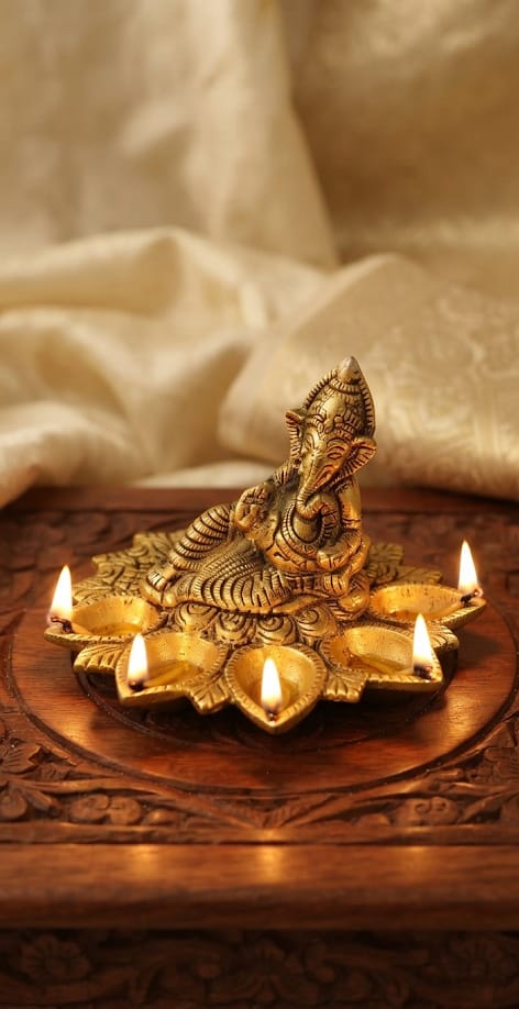Pure Brass Finish Lord Ganesha 5-Batti Diya Stand with Velvet Gift Box - Traditional Antique Gold Blessing Ganpati Panch Mukhi Oil Lamp for Pooja Mandir & Return Gifting By The Giftory - Image 3