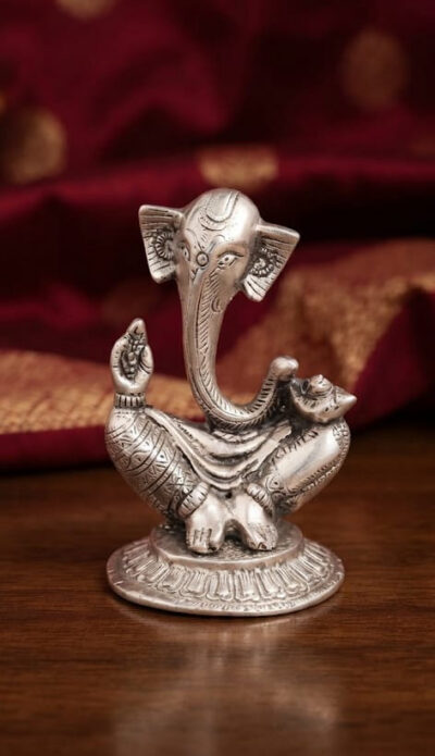Premium German Silver Plated Shankh Ganesha Statue - Elegant Antique Silver Finish Shanku Vinayaka Figurine for Car Dashboard, Pooja Mandir & Return Gifting By The Giftory