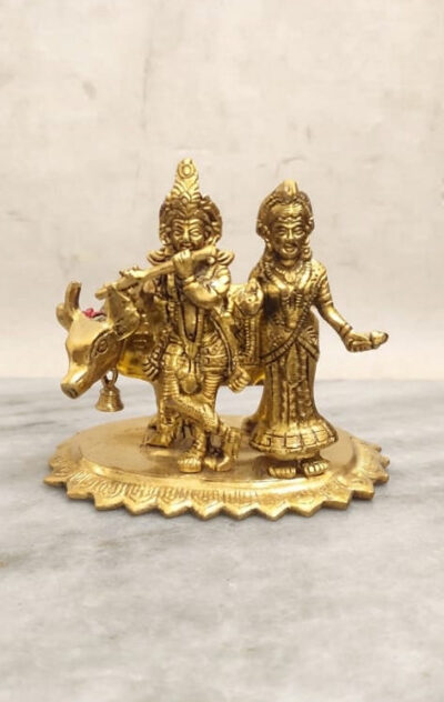 Pure Brass Finish Radha Krishna with Cow Statue - Traditional Antique Gold Flute Playing Krishna Radha Yugal Jodi on Pedestal for Home Mandir, Vastu & Festive Gifting By The Giftory