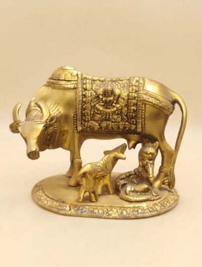 Pure Brass Finish Kamdhenu Cow with Calf and Bal Gopal Statue - Traditional Antique Gold Laxmi Gau Mata with Feeding Krishna Murti for Pooja Mandir & Festive Gifting By The Giftory