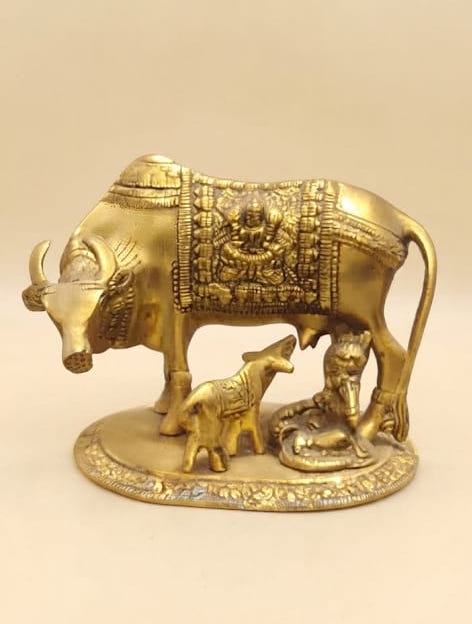 Pure Brass Finish Kamdhenu Cow with Calf and Bal Gopal Statue - Traditional Antique Gold Laxmi Gau Mata with Feeding Krishna Murti for Pooja Mandir & Festive Gifting By The Giftory