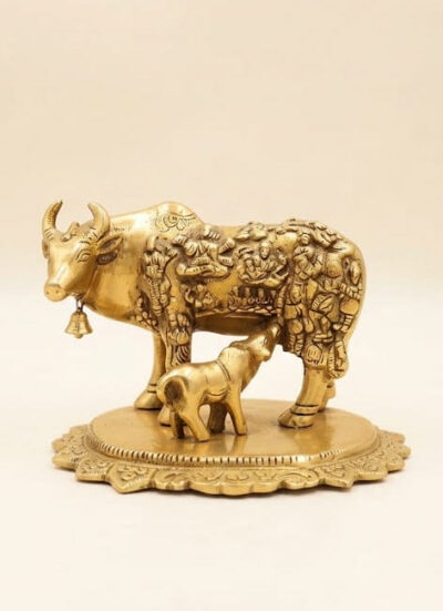 Pure Brass Finish Big Kamdhenu Cow and Calf Statue with All Gods Carving - Traditional Antique Gold Vastu Gau Mata Decorative Sculpture for Home Mandir & Luxury Gifting By The Giftory