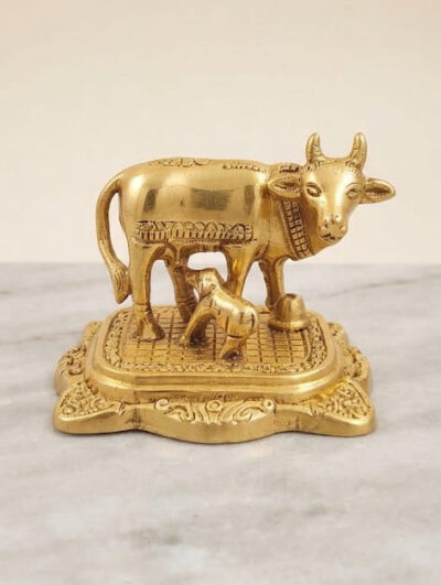 Premium Golden Metal Medium Kamdhenu Cow and Calf Statue - Auspicious Vastu Jasta Gau Mata Decorative Figurine for Pooja Mandir, Home Decor & Gifting By The Giftory