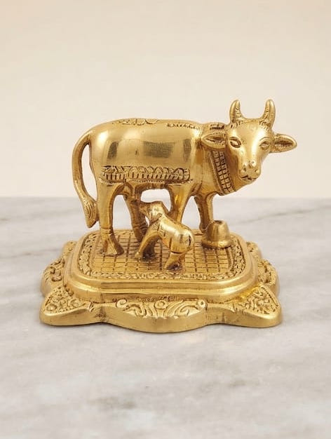 Premium Golden Metal Medium Kamdhenu Cow and Calf Statue - Auspicious Vastu Jasta Gau Mata Decorative Figurine for Pooja Mandir, Home Decor & Gifting By The Giftory