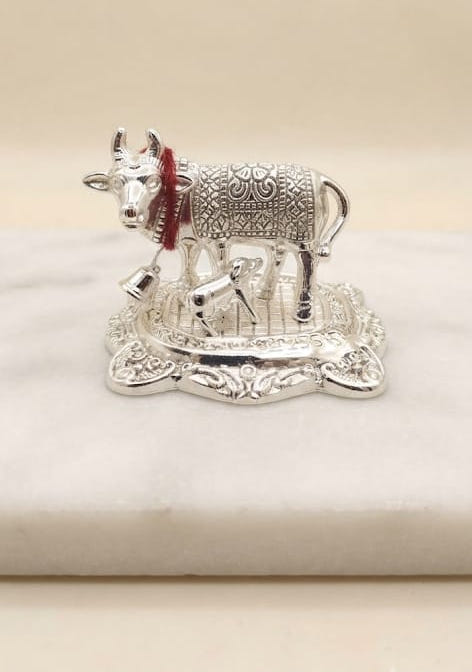 Premium German Silver Plated Medium Kamdhenu Cow and Calf Statue - Auspicious Vastu Jasta Gau Mata Decorative Figurine for Pooja Mandir, Home Decor & Gifting By The Giftory