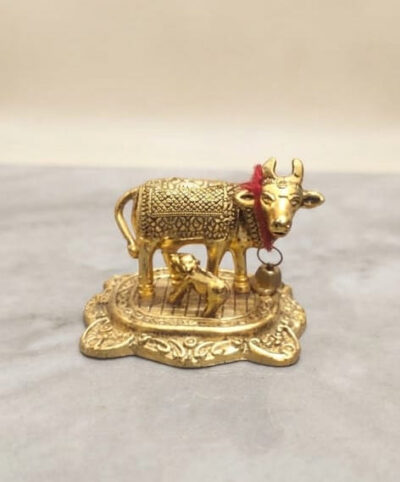 Premium Golden Metal Mini Kamdhenu Cow and Calf Statue - Auspicious Vastu Jasta Gau Mata Decorative Figurine for Pooja Mandir, Home Decor & Return Gifting By The Giftory