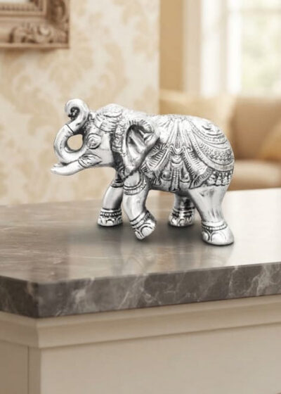 Premium German Silver Plated Standing Elephant Statue - Elegant Antique Silver Finish Trunk Up Royal Hathi Showpiece for Vastu, Home Decor & Luxury Return Gifting By The Giftory