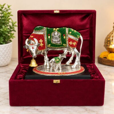 Premium German Silver Plated Kamdhenu Cow and Calf Statue with Vibrant Bead Work - Elegant Antique Silver Finish Vastu Gau Mata with Luxury Velvet Gift Box for Pooja Mandir & Return Gifting By The Giftory
