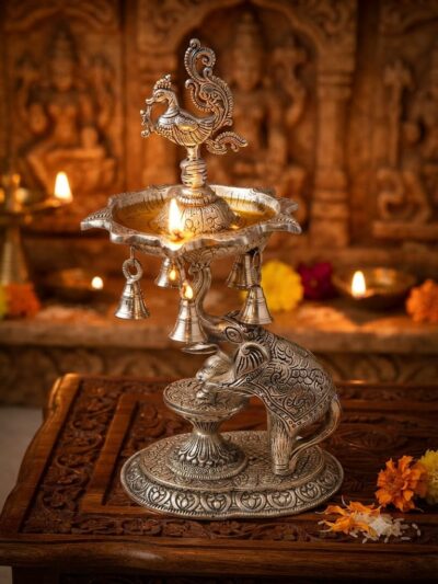 Premium German Silver Plated Elephant Base Peacock Oil Lamp with Hanging Bells - Elegant Antique Silver Finish 7-Wick Hathi Samai Kuthu Vilakku Deepak for Pooja Mandir & Return Gifting By The Giftory
