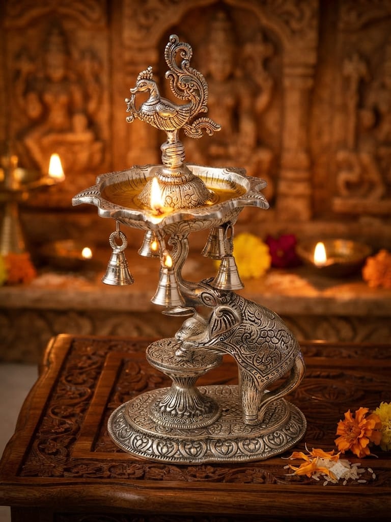 Premium German Silver Plated Elephant Base Peacock Oil Lamp with Hanging Bells - Elegant Antique Silver Finish 7-Wick Hathi Samai Kuthu Vilakku Deepak for Pooja Mandir & Return Gifting By The Giftory