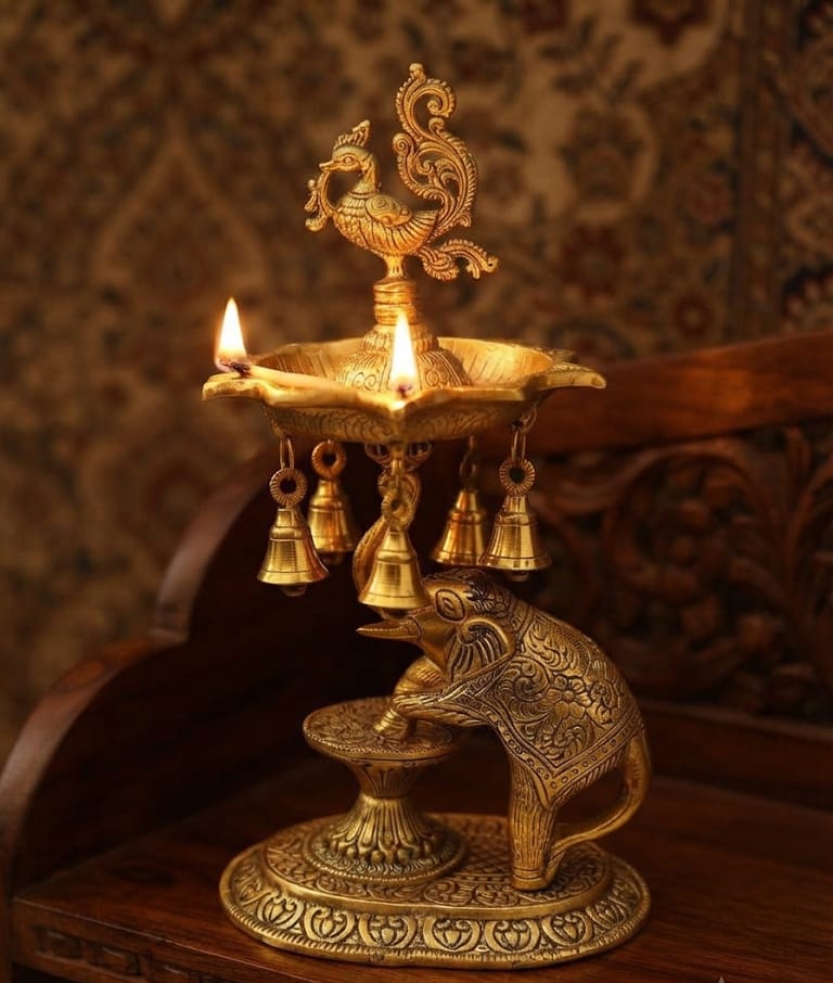 Pure Brass Finish Elephant Base Peacock Oil Lamp with Hanging Bells - Traditional Antique Gold 7-Wick Hathi Samai Kuthu Vilakku Deepak for Pooja Mandir & Return Gifting By The Giftory